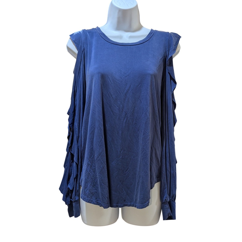 YFB Clothing Ruffled‎ Cold Shoulder Trendy and Chic Long Sleeve Top Blue Medium